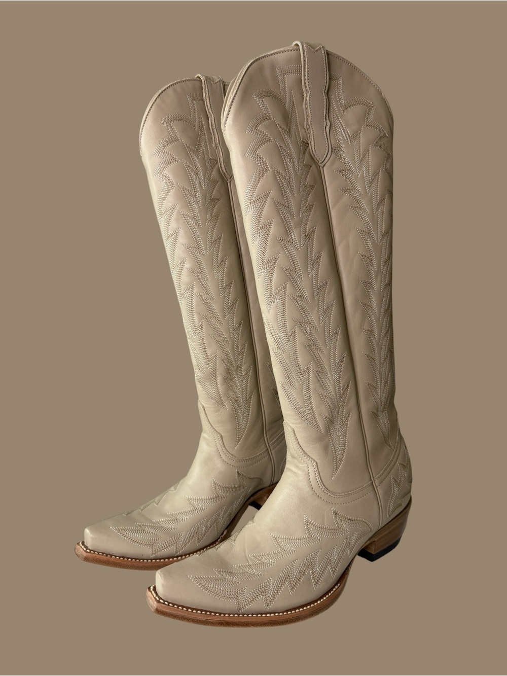 Classic Tall Western Heeled Boots in Beige